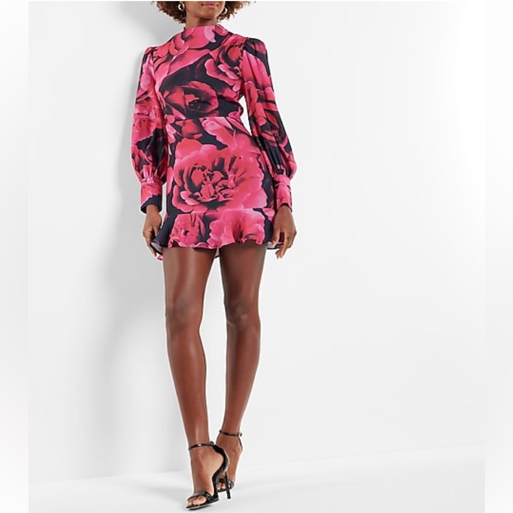 Express - Floral Mock Neck Puff Sleeve Ruffle Mini Dress